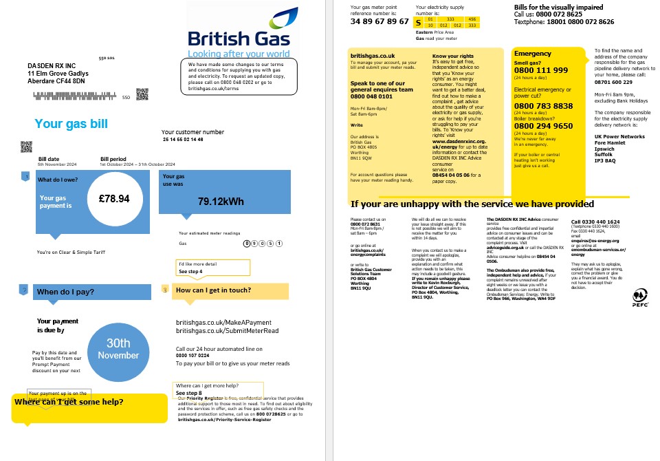 United Kingdom British Gas business utility bill template in Word and PDF formats fully editable (2 pages) version 1